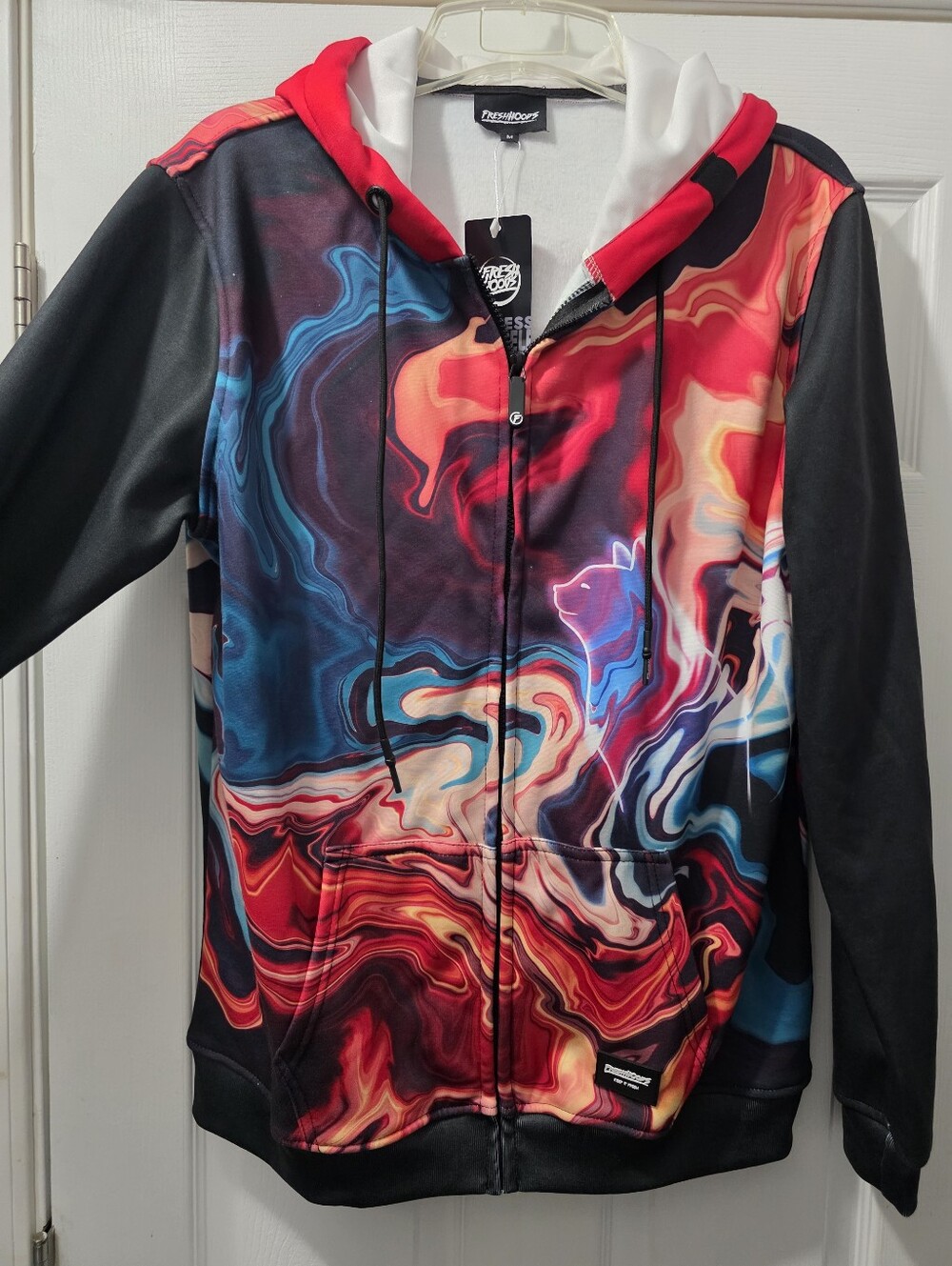 Hoodie with Vivid Red & Blue Marble Print
